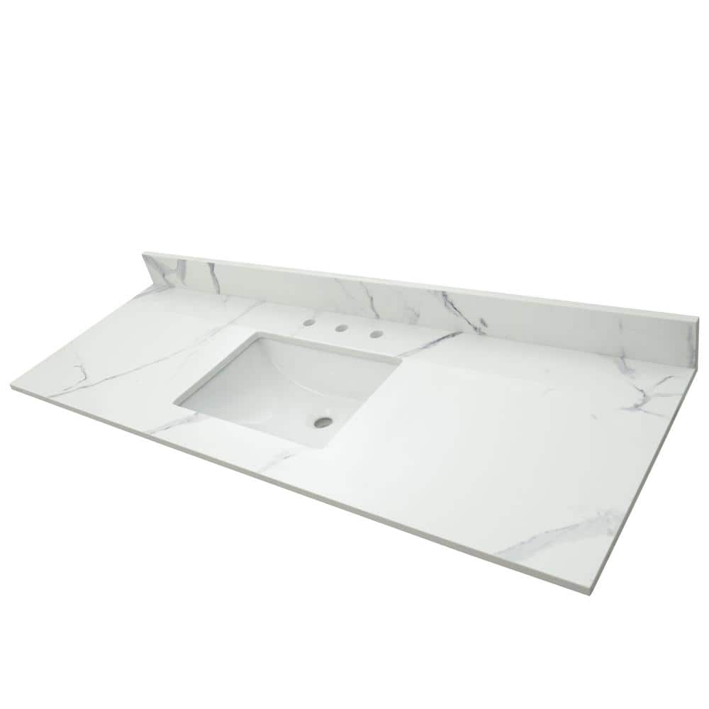 61 in. White Marble Bathroom Vanity Top with Single Sink