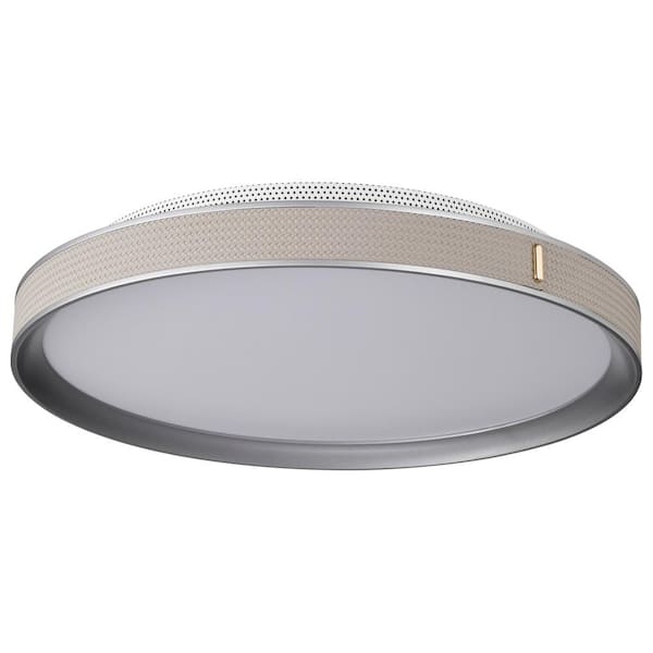 SATCO Bandon 19.5 in. 300-Watt Modern Gray Integrated LED Flush Mount with Off-White Faux Leather Wrap Shade