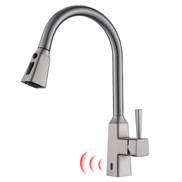 Touchless Square Single Handle Pull Down Sprayer Kitchen Faucet with Multifuctional Sprayer in Brushed Nickel