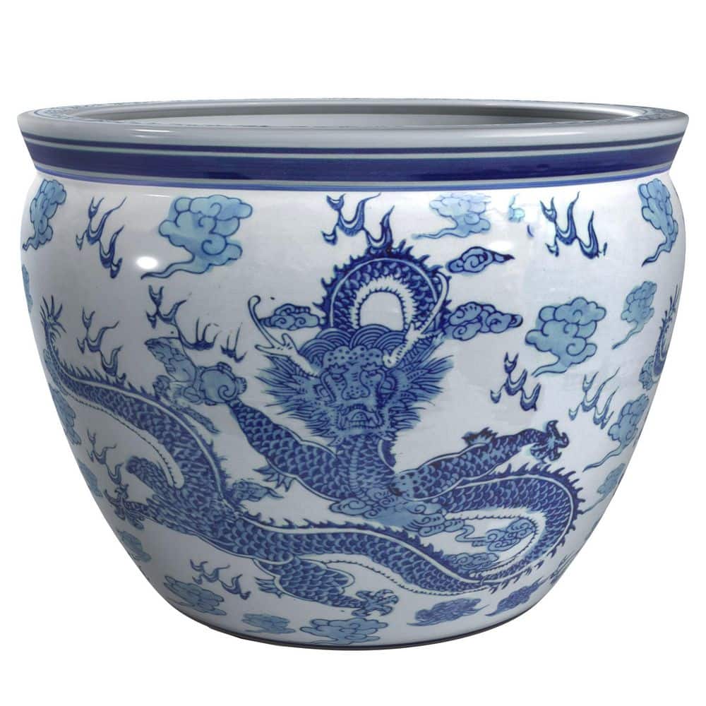 Oriental Furniture 16 in. Dragon Blue & White Porcelain Fishbowl