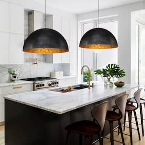 PCover 23 in.Dia Large Lighting 1-Light Black Farmhouse Dome Pendant Light Industrial Gold Leaf Island Ceiling Light