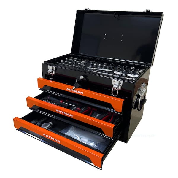 Flynama 20 in. 3-Drawer Steel Toolbox, 4-Layers of Tools with Metal Latches in Black and Orange