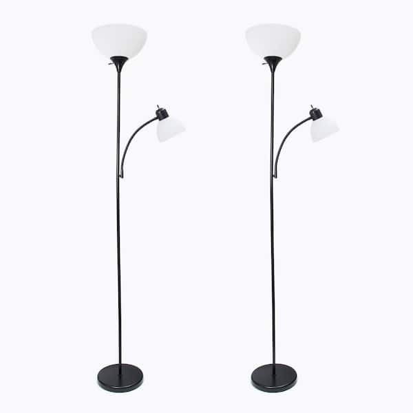 Simple Designs Mother Daughter 71.5 in. Black Floor Lamp Set with Reading Light and White Shades (2-Pack) Set of 2 (Floor Lamps)