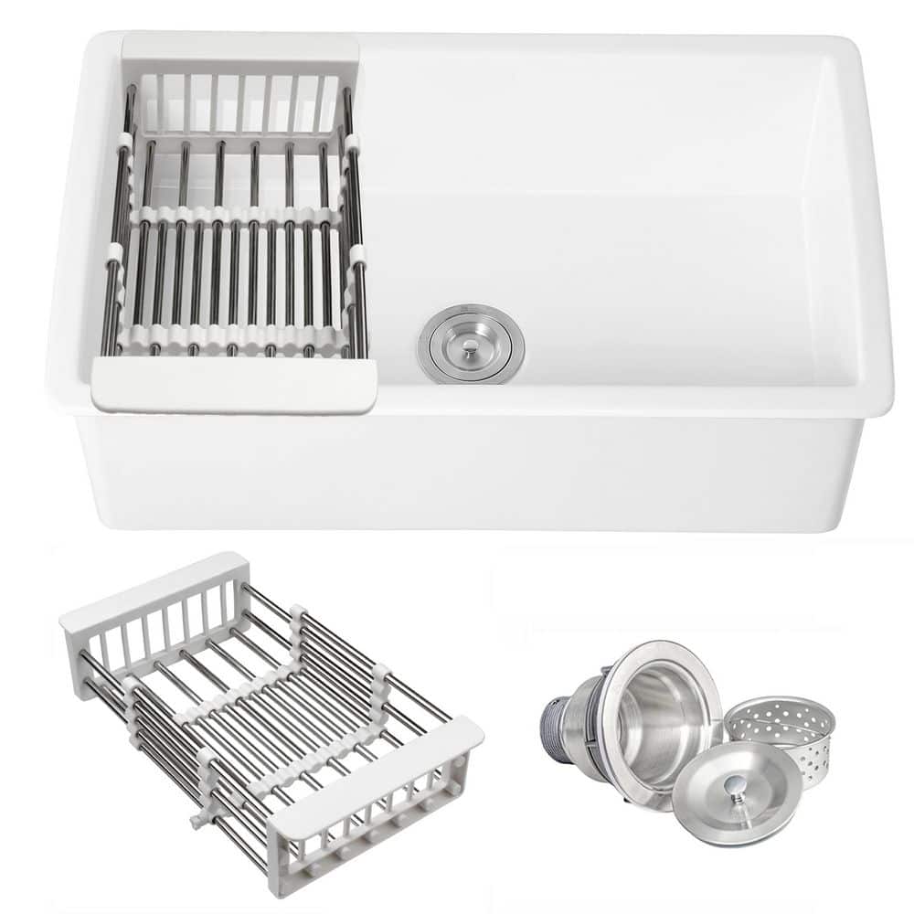 AKDY White Fireclay 30 in. Single Bowl Undermount Kitchen Sink