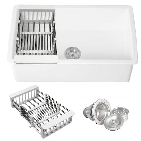 White Fireclay 30 in. Single Bowl Undermount Kitchen Sink with Basket Strainer