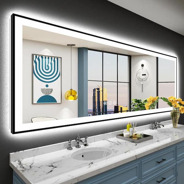 84 in. W x 32 in. H Rectangular Framed Front and Back LED Lighted Anti-Fog Wall Bathroom Vanity Mirror in Tempered Glass