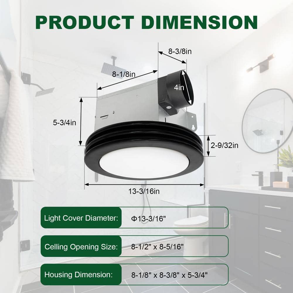 Matte Black Round Bathroom Exhaust Fan with Dimmable LED Light