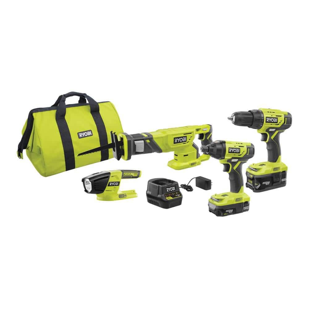 RYOBI ONE+ 18V Lithium-Ion Cordless 4-Tool Combo Kit with (2) Batteries,  18V Charger, and Bag P1818