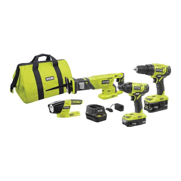 rice Pollinate Student RYOBI ONE+ 18V Lithium-Ion Cordless 4-Tool Combo Kit with (2) Batteries, 18V  Charger, and Bag P1818 - The Home Depot