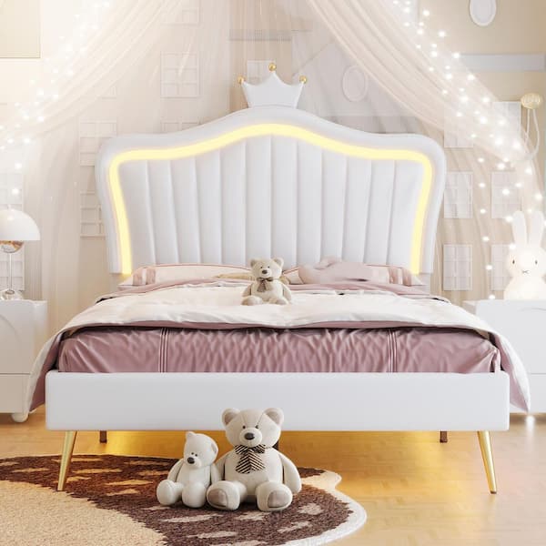 Harper & Bright Designs White Wood Frame Full Size PU Leather Upholstered Platform Bed with Princess Crown Headboard, LED Lights, Metal Legs