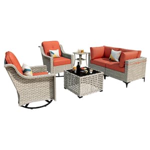 Thor 6-Piece Wicker Patio Conversation Seating Sofa Set with Orange Red Cushions and Swivel Rocking Chairs