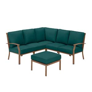 Geneva 6-Piece Brown Wicker Outdoor Sectional Sofa Seating Set with Ottoman and CushionGuard Malachite Green Cushions