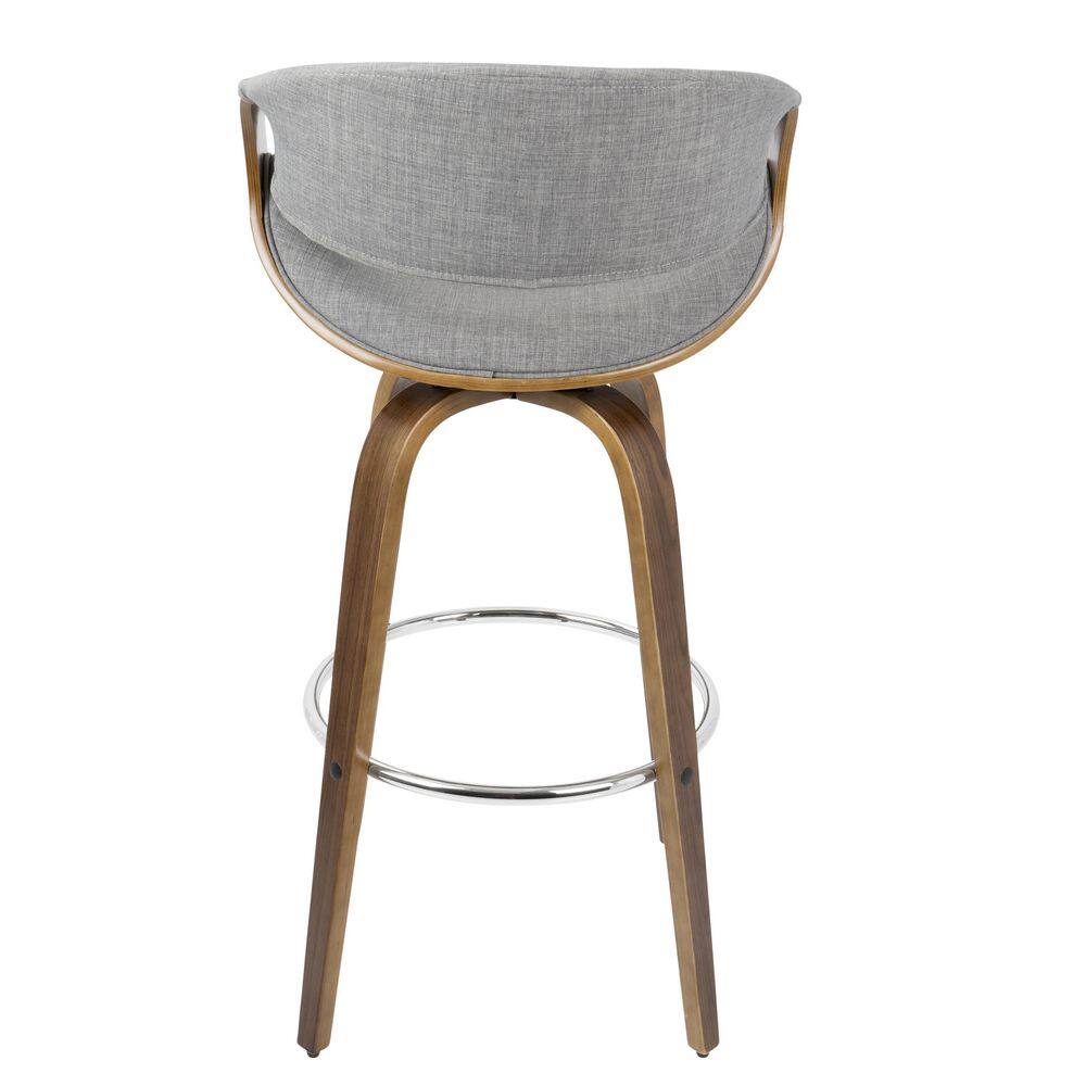 Walnut Wood & Grey Fabric Swivel Barstool with Mid-Century Charm