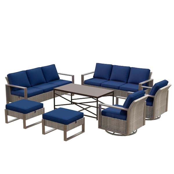 7-Piece Wicker Outdoor Patio Conversation Set with Blue Cushions and Coffee Table