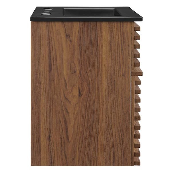 Render 18 in. W x 15.5 in. D x 21 in. H Wall-Mount Bathroom Vanity in Walnut with Black Ceramic Top