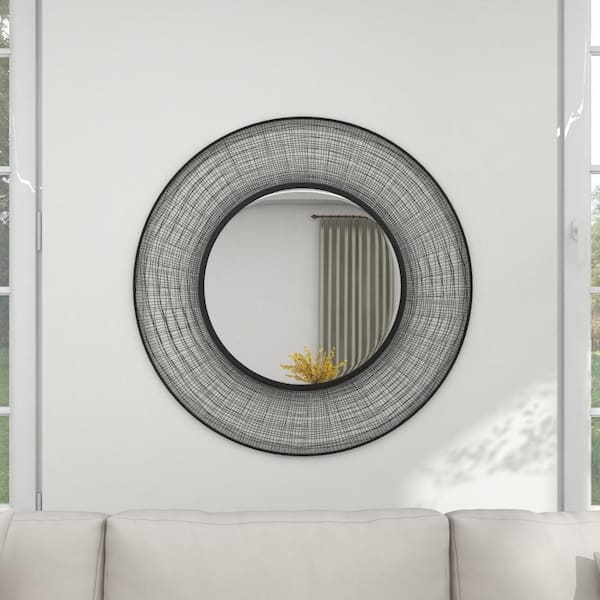 Zimlay Large Round Metal Wall Mirror with Black Mesh Frame 86961