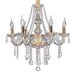 6-Light Golden Crystal Candle Shape Trimmed Chandelier with Crystal Balls
