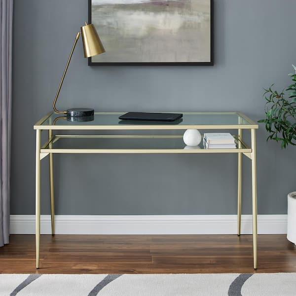 Walker Edison Furniture Company 48 in. Gold Rectangular Metal and Glass Writing Desk with 2-Tiers