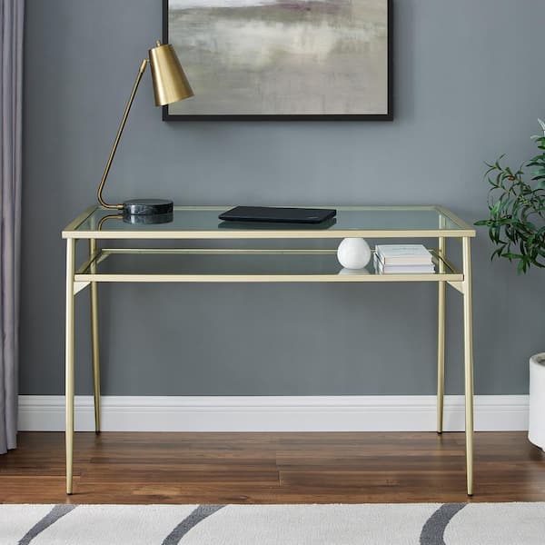 Welwick Designs 48 in. Gold Rectangular Metal and Glass Writing Desk with 2-Tiers