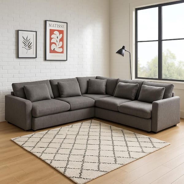 118 in. Square Arms Polyester Corner Sectional Sofa in. Gray and Black