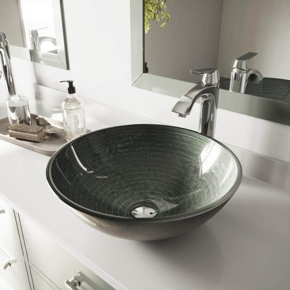Simply Silver Circular Glass Vessel Sink with Swirled Pattern