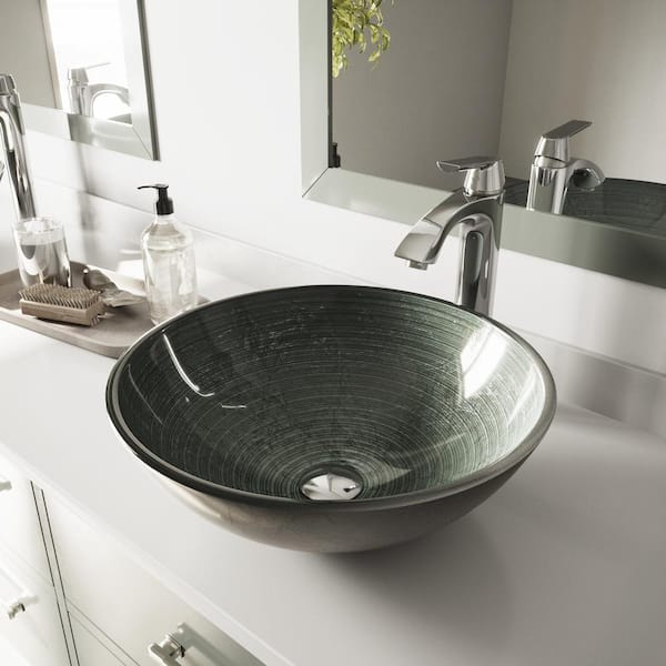 VIGO Giovanni Artistic Silver Glass 17 in. L x 17 in. W x 6 in. H Round Vessel Bathroom Sink