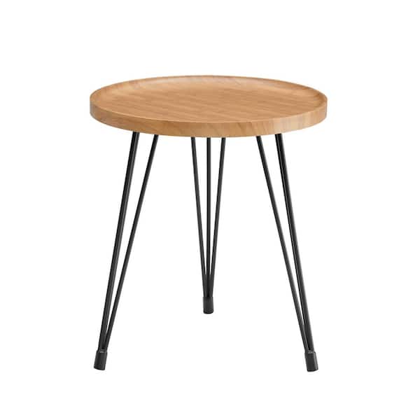 DANYA B Tadao 19.625 in. X 19.625 in. Bamboo MDF Round Raised Lip Edge Side Table with Modern Black Metal Hairpin Legs