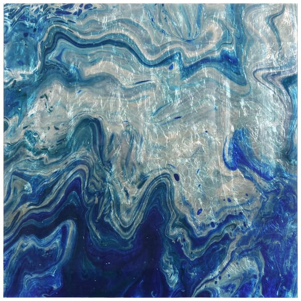 Empire Art Direct Indigo Minerals I Abstract Unframed Reverse Printed on Tempered Glass with Silver Leaf Wall Art 38 in. x 38 in.
