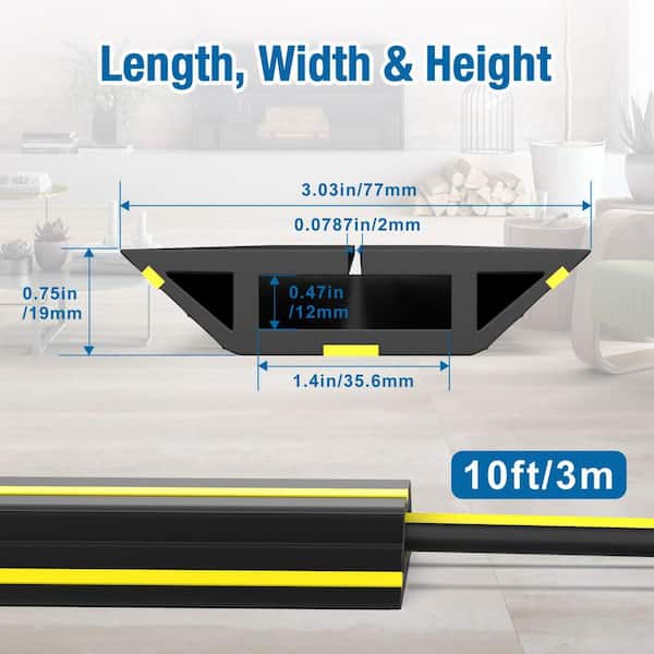 Floor Cable Cover 10FT – 3-Channel Cord Protector With Yellow Warning Strip, Low-Profile PVC, Cuttable For Home, Office, Workshop