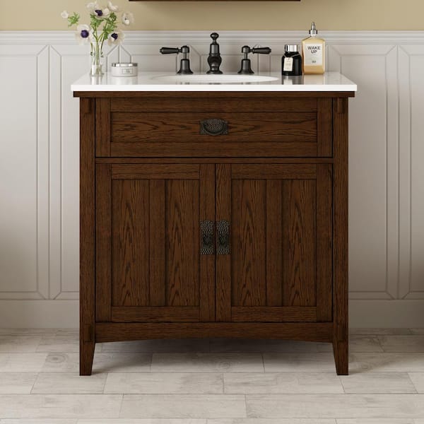 Home Decorators Collection Artisan 33 in. W x 21 in. D x 35 in. H Single Sink Freestanding Bath Vanity in Dark Oak with White Marble Top