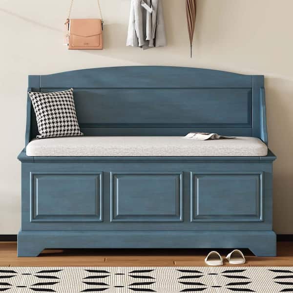 30 in. H x 41 in. W Antique Navy Wood Shoe Storage Bench with 2 Hidden Storage and Cushion, Entryway Bench Shoe Bench