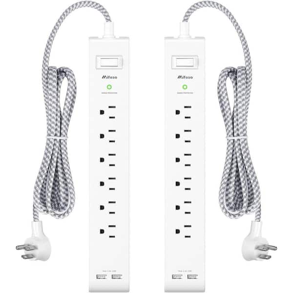 Etokfoks 6-Outlet Power Strip Surge Protector with 2 USB Charging Ports and 15 ft. Extension Cord, White (2-Pack)