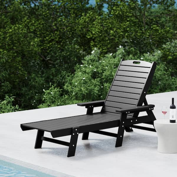 Harlo Black HDPE All Weather Fade Proof Plastic Reclining Adjustable Backrest Outdoor Patio Chaise Lounge Armchair