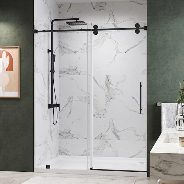 Radiance 48 in. W x 76 in. H Single Sliding Frameless Shower Door in Matte Black 3/8 in. Clear Glass