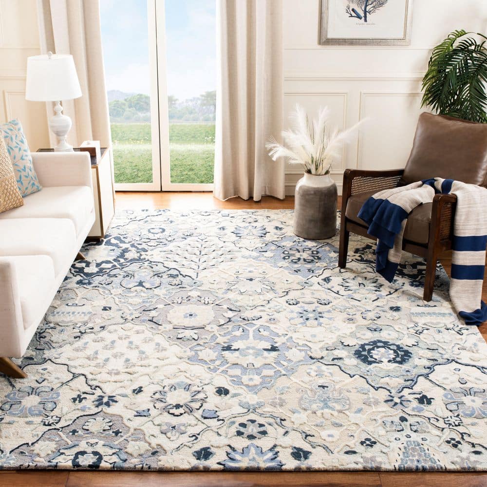 Beige and Blue 9' x 12' Hand-Tufted Wool Area Rug