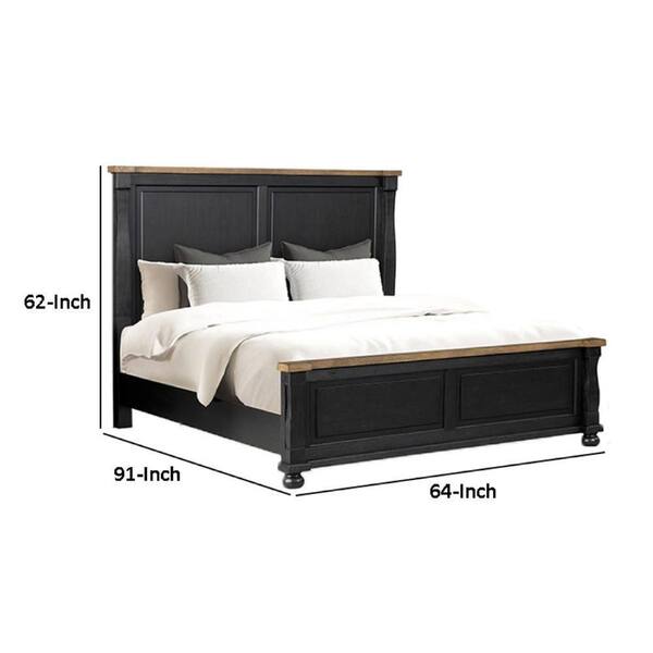 Benjara Ginie Oak Brown and Black Wood Frame Queen Panel Bed with
