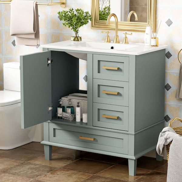 30 in. Sage Green Bath Vanity with Ceramic Top Sink with a Soft Closing Door and 3 Drawers