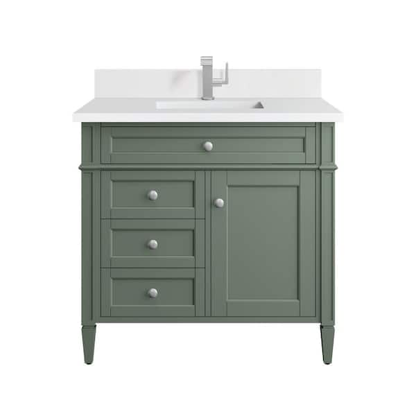 James Martin Vanities Brittany 36.0 in. W x 23.5 in. D x 33.8 in. H Single Bathroom Vanity in Smokey Celadon with White Zeus Quartz Top