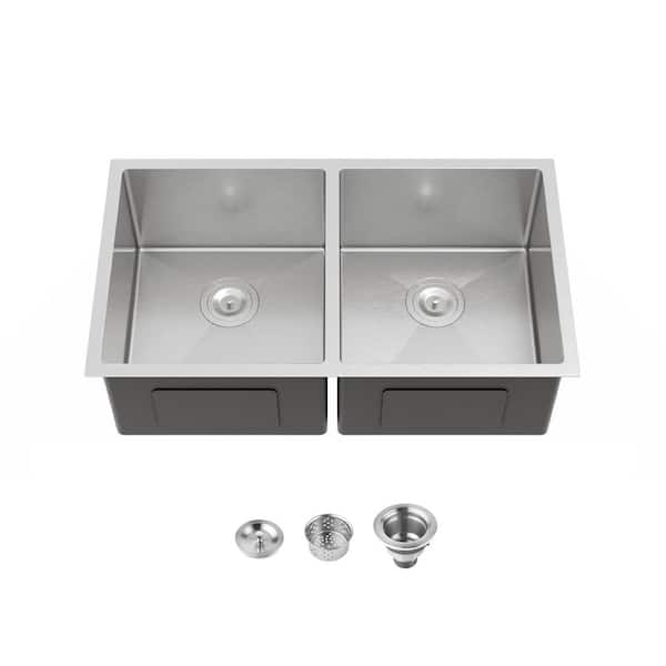 33 in. Undermount Double Bowl 20-Gauge Brushed Gray Stainless Steel Kitchen Sink with Drain Only