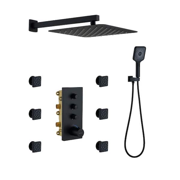 3-Spray 1.8 GPM Ceiling Mount Dual Square Handheld Shower Set in Matte Black