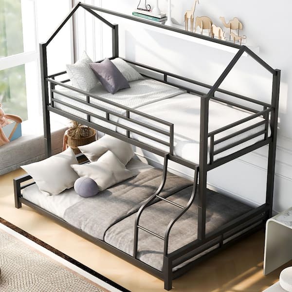 Twin Over Full Heavy Duty Metal Bunk Bed Frame with Safety Rail, 1-Side Ladders in Black