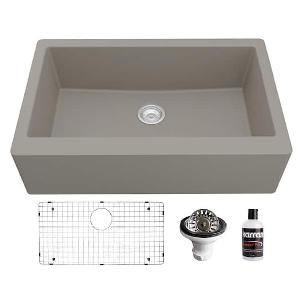 Karran QA-740 Quartz/Granite 34 in. Single Bowl Farmhouse/Apron Front Kitchen Sink in Concrete with Bottom Grid and Strainer