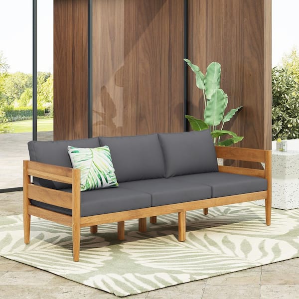 Parker Teak Finish Acacia Wood Patio Outdoor 3 Seater Couch with Dark Gray Cushions, Slatted Frame, Curved Back