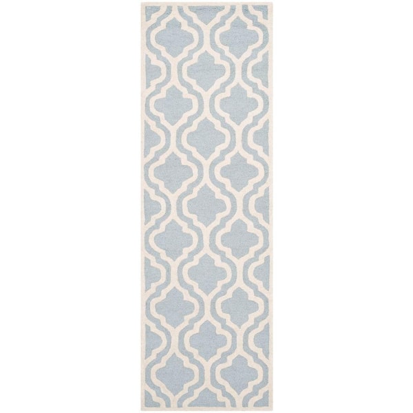 Cambridge Light Blue/Ivory 3 ft. x 12 ft. Geometric Trellis Runner Rug
