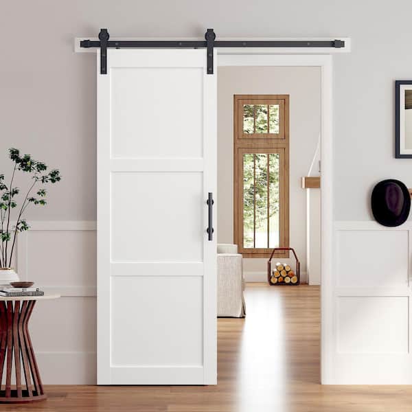 30 in. x 84 in. 3-Panel White Finished Solid MDF Core Interior Sliding Barn Door with Hardware Kit