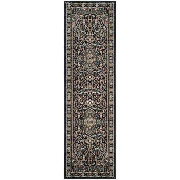 Lyndhurst 2 ft. x 10 ft. Anthracite/Teal Ornate Border Medallion Runner Rug