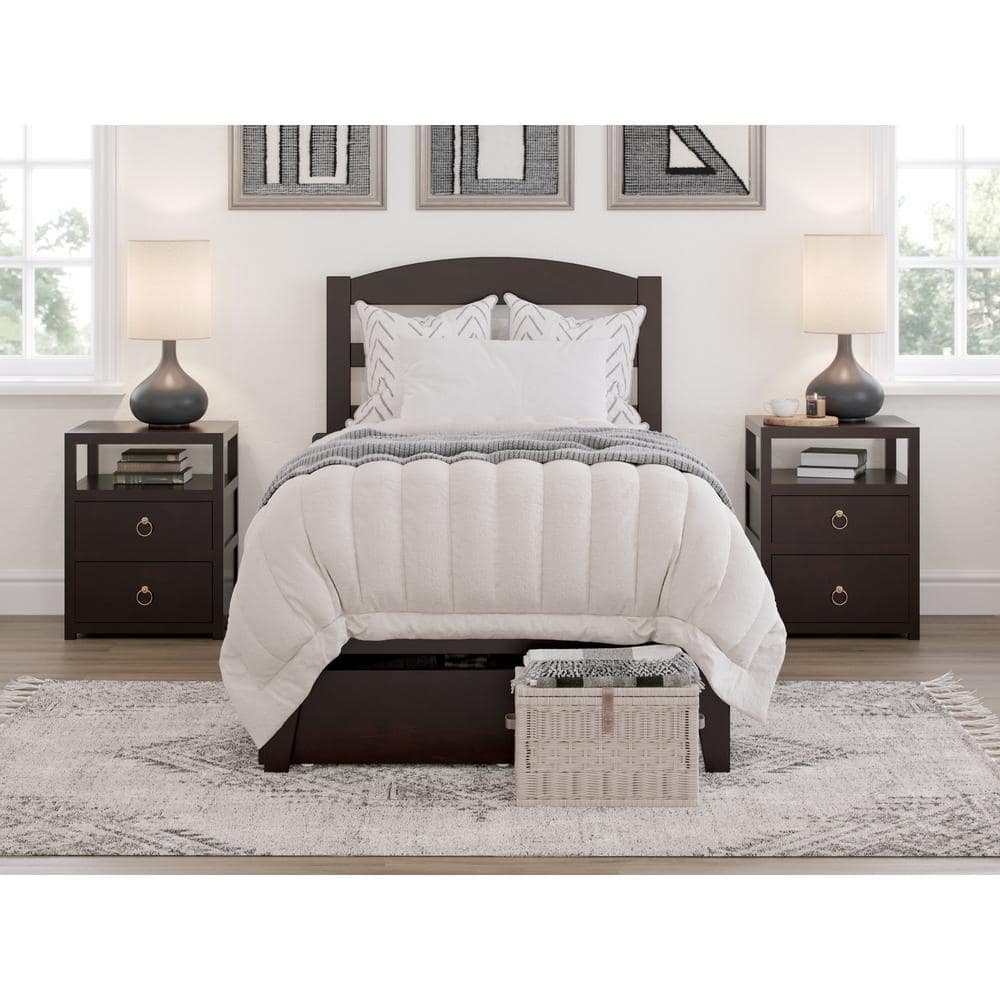 Espresso Twin Solid Wood Upholstered Platform Bed with Storage