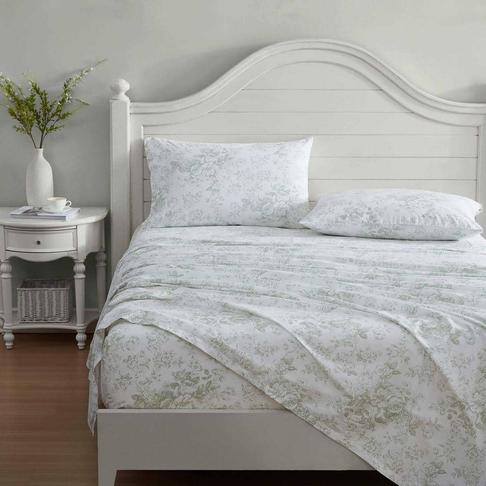 White and Pink Floral Cotton Percale Queen Sheet Set