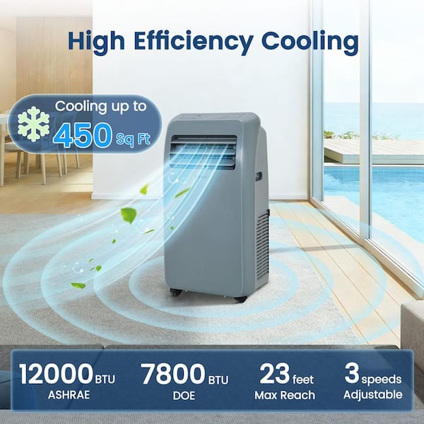 12,000 BTU (7,800 BTU DOE) Portable Air Conditioner Cools 450 sq. ft. with Dehum & Remote, Swing, 3-Speed Fan