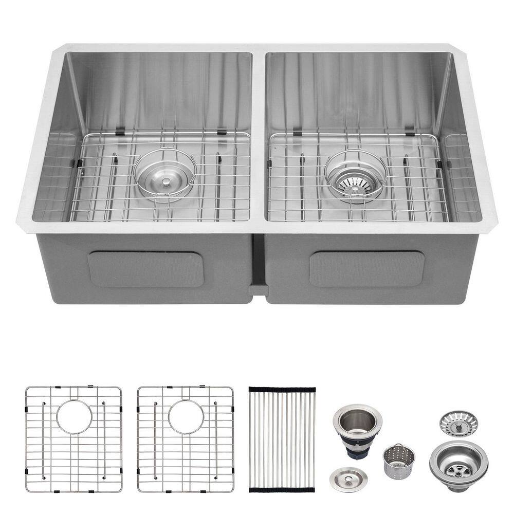 32 in. Undermount Sink Double Bowl 50/50 Brushed 16-Gauge Brushed Stainless Steel Kitchen Sink with Bottom Grid price history on PriceWatchPro